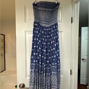 Mahina Blue and White Strapless Maxi Dress
